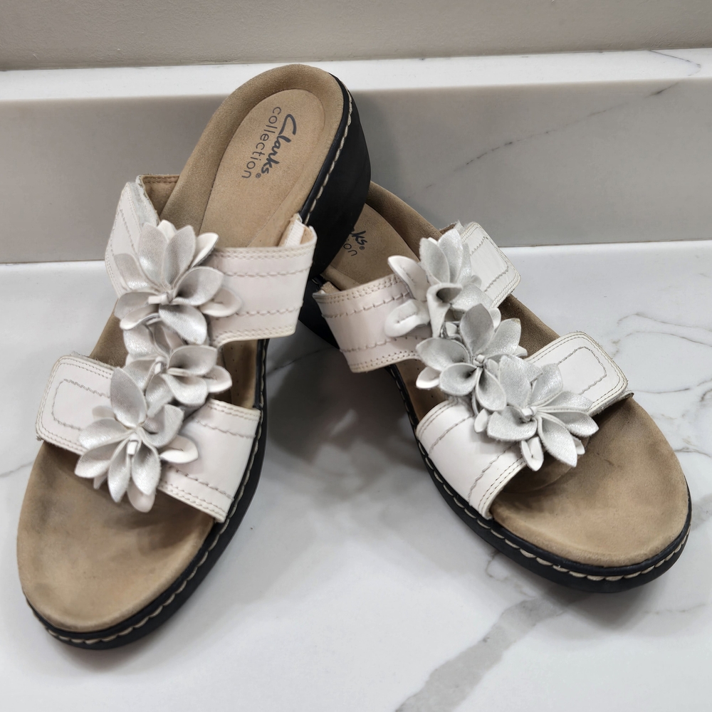 Clarks Collection White Floral Wedge Sandal Comfort Leather Shoe Size 12